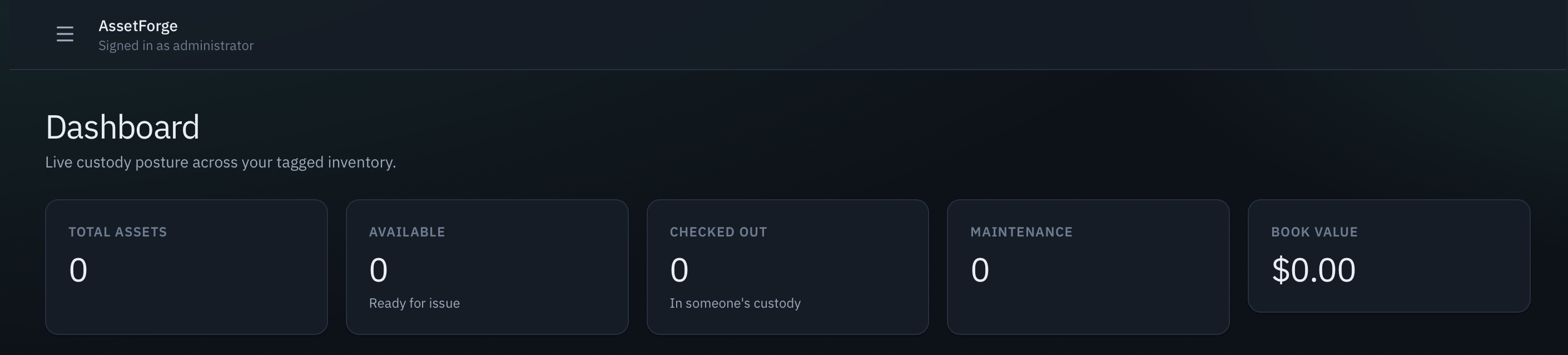 Workshop inventory desk with tagged assets and laptop dashboard