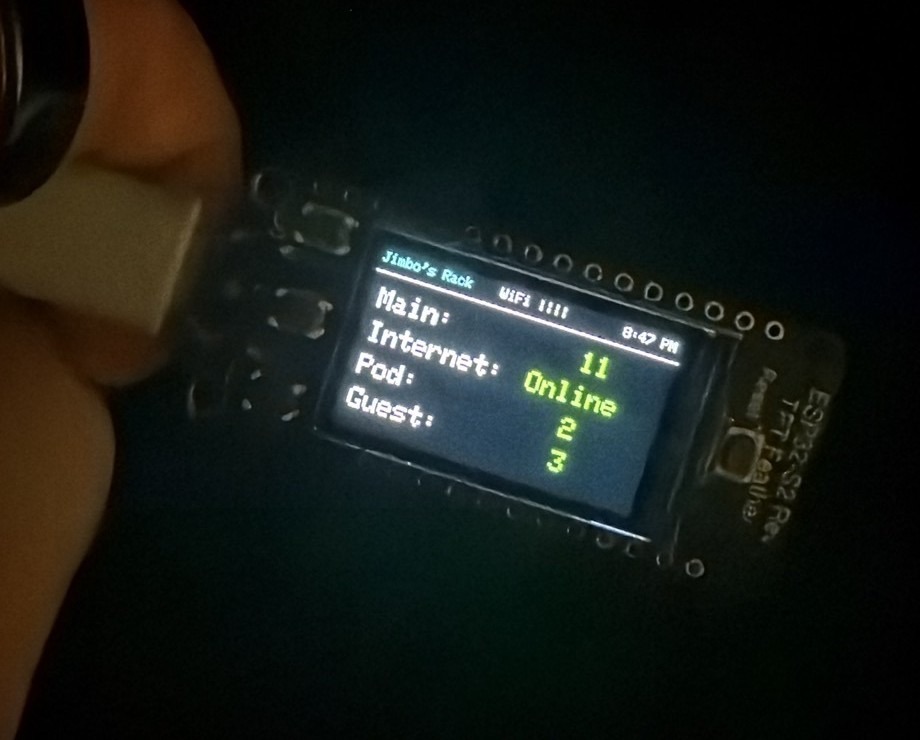 Jimbo’s Rack ESP32‑S2 TFT showing Main, Internet, Pod, and Guest
